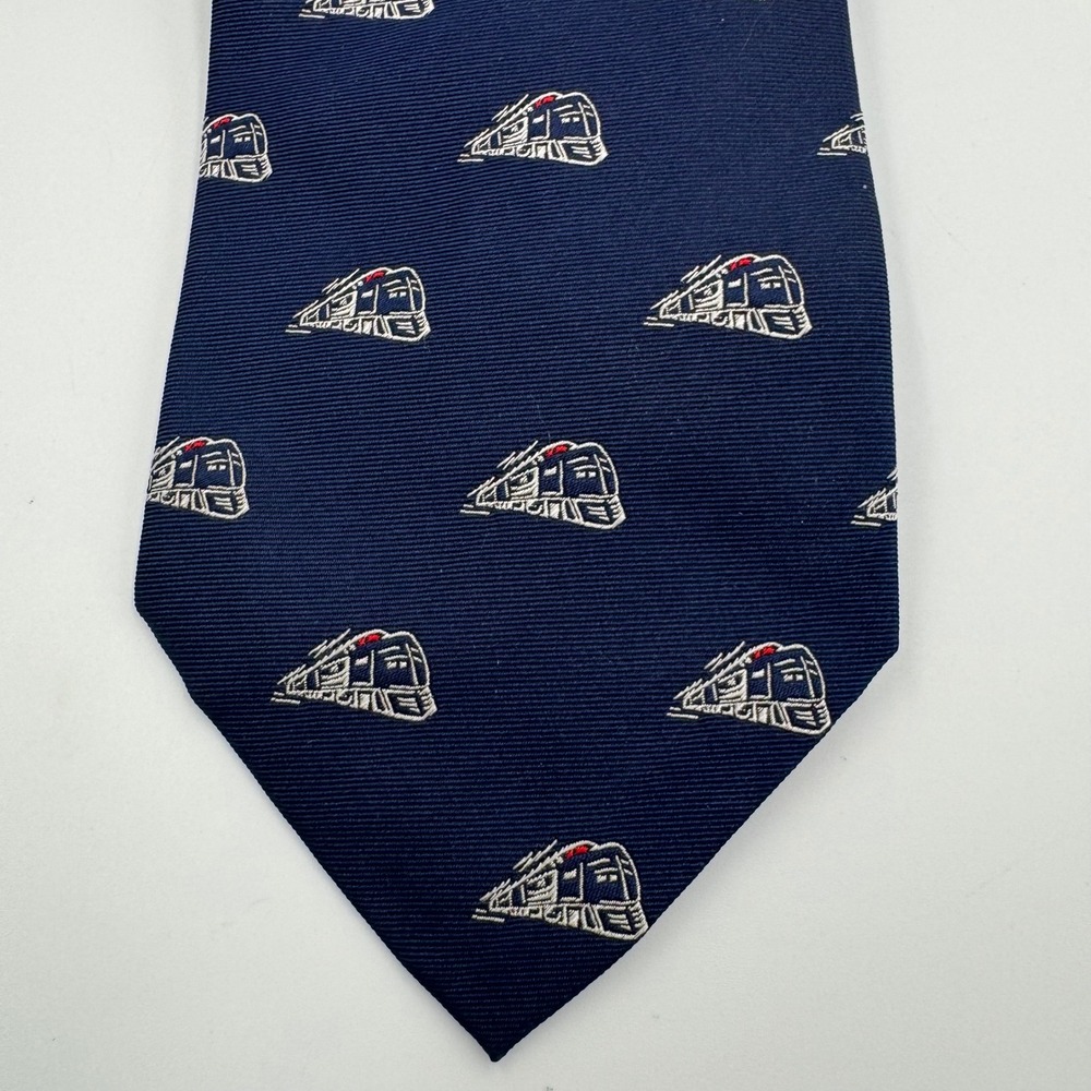 Lauren Ralph Lauren Tie Mens Navy Blue Silk Train Locomotive Print Hand Finished